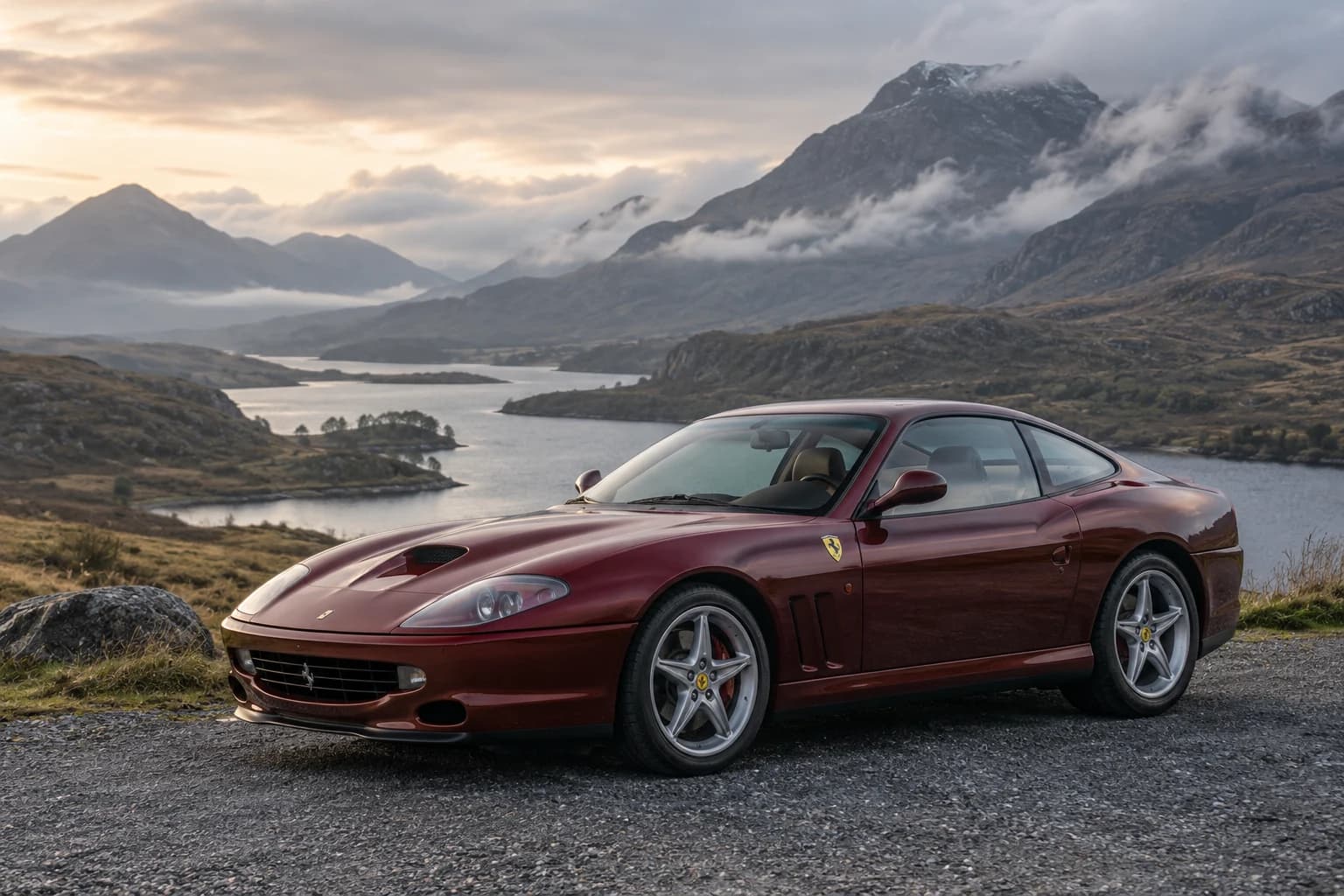 A deep red Ferrari grand tourer beside a misty Highland loch