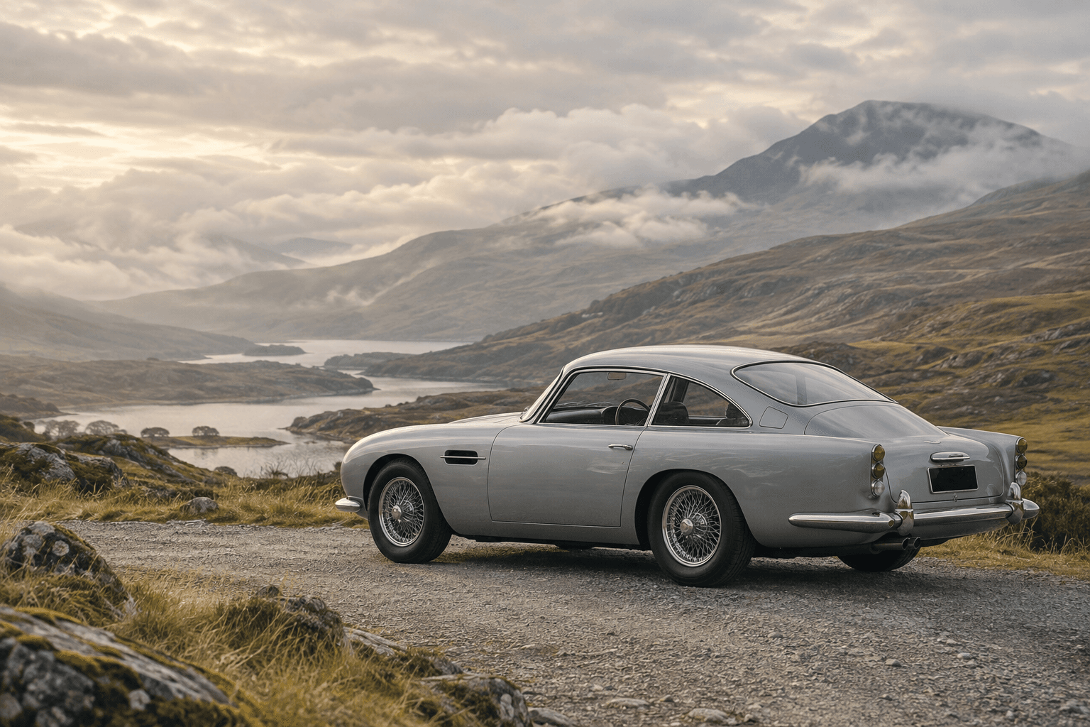 A silver classic grand tourer on a quiet road in the Scottish Highlands