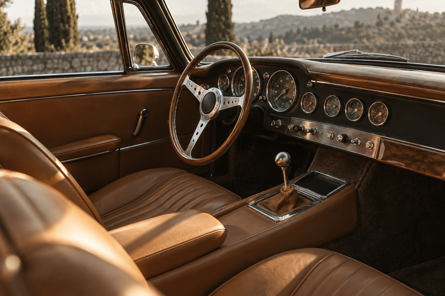 Craftsmanship in the details: tan leather, polished wood and analogue instruments