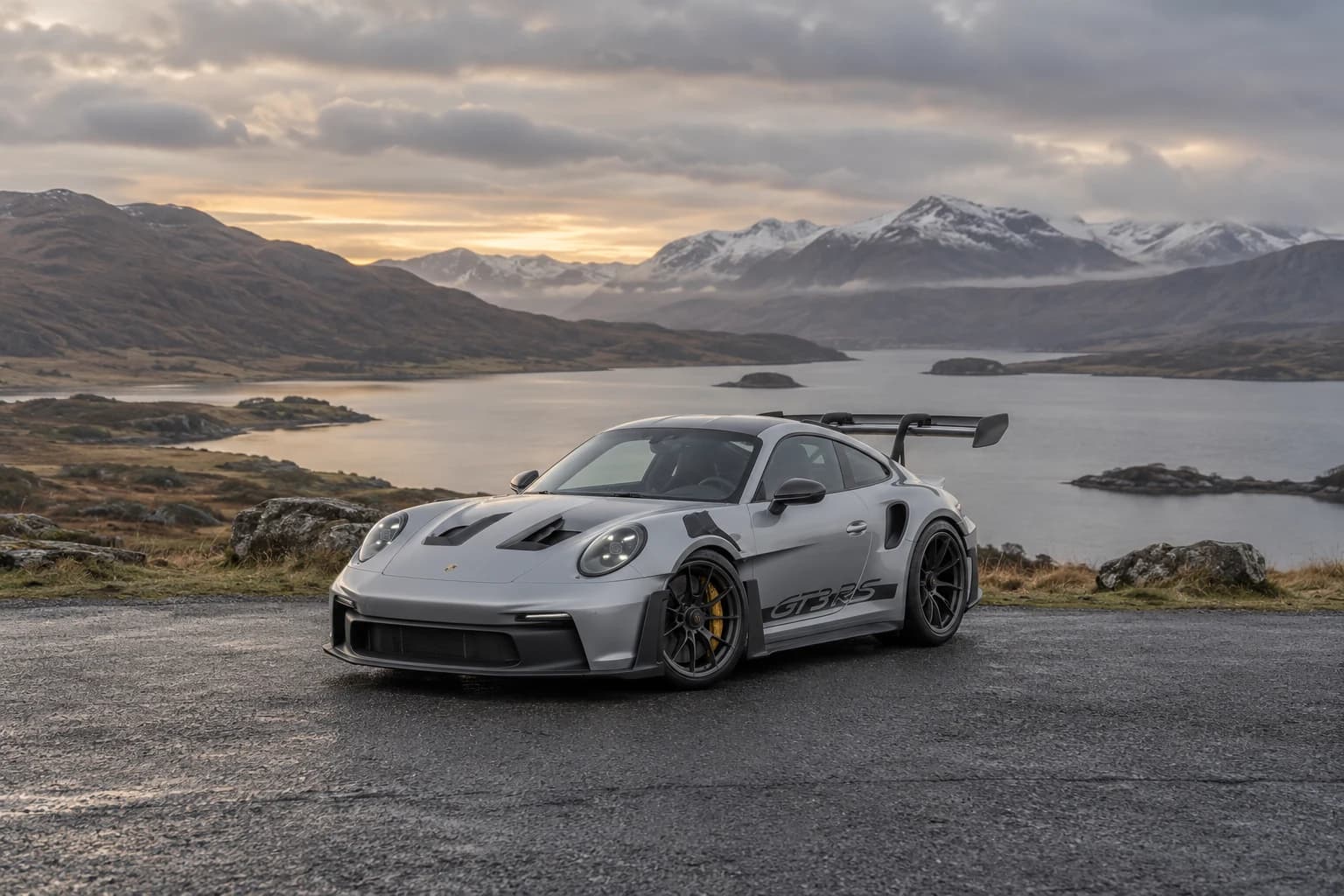 An ice-silver Porsche 911 GT3 RS beside a misty Highland loch